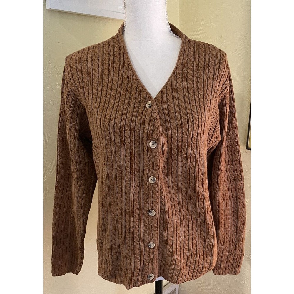 Vintage Women’s One Way Design Cable Knit Cardigan Sweater Oversized Sz Sm Brown